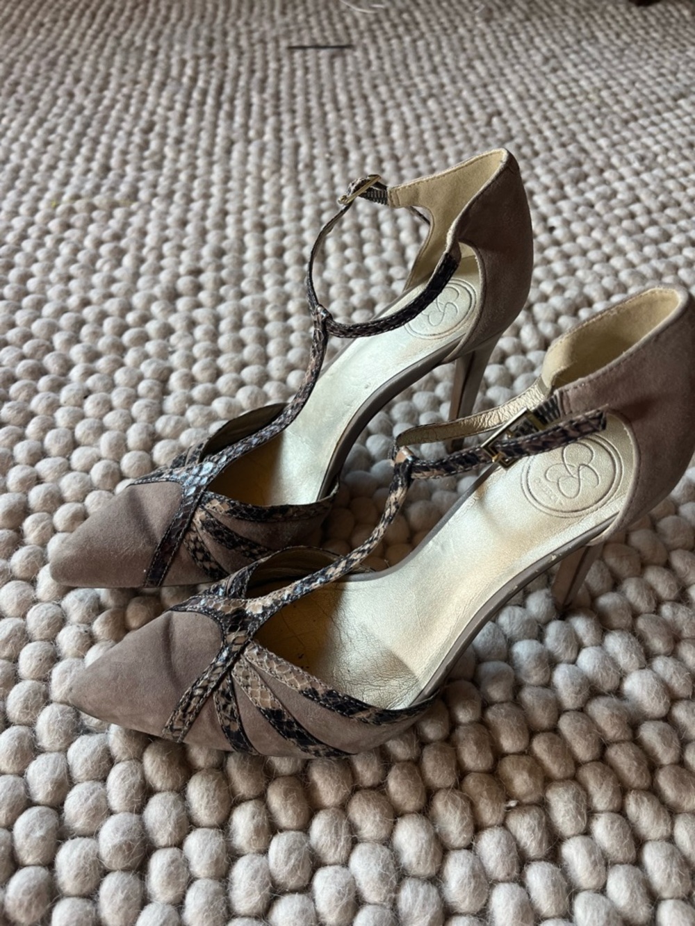 Women's Taupe Suede Pointed-Toe T-Strap Heels